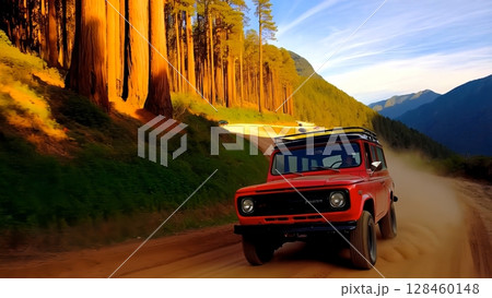Red four wheel drive vehicle powering along dusty mountain road. Surrounded by towering forest trees during golden sunset. Generating billowing dust cloud while traversing rugged wilderness landscape 128460148