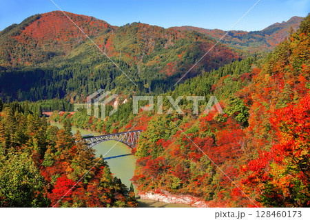 【福島県】只見川第1橋梁を渡る紅葉列車 128460173