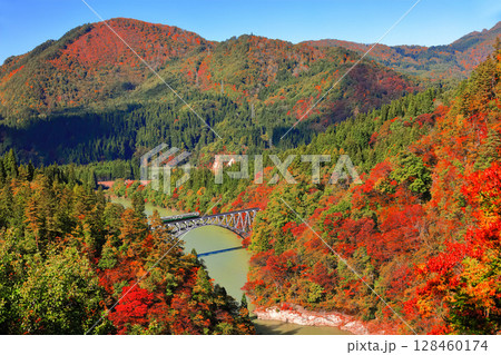 【福島県】只見川第1橋梁を渡る紅葉列車 【福島県】只見川第1橋梁を渡る紅葉列車 128460174