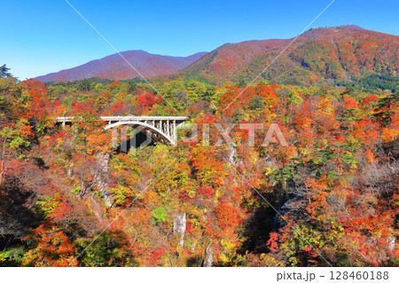 【宮城県】快晴の鳴子峡の紅葉 128460188