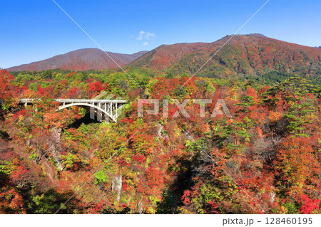 【宮城県】快晴の鳴子峡の紅葉 128460195