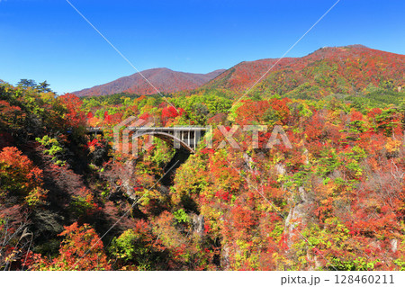【宮城県】快晴の鳴子峡の紅葉 128460211