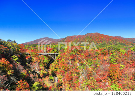 【宮城県】快晴の鳴子峡の紅葉 128460215