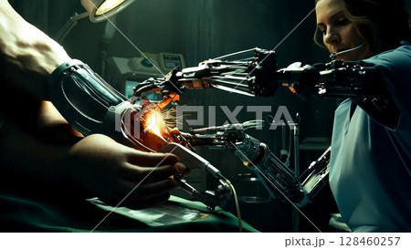 Advanced medical technology allows a surgeon to connect a bionic arm to a patient, restoring lost limb function and improving quality of life Advanced medical technology allows a surgeon to connect a bionic arm to a patient, restoring lost limb function and improving quality of life 128460257