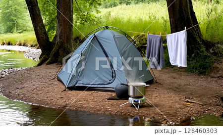 Rising steam emanating from cooking pot on portable camping stove near pitched tent, with laundry hanging between trees alongside gently flowing river in wilderness setting 128460303