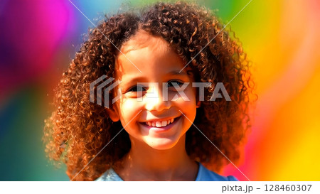 Young girl with curly hair beaming brightly, standing against shifting colorful backdrop, radiating pure childhood joy and playful energy in vibrant studio portrait 128460307