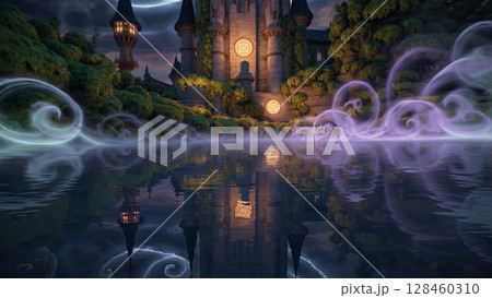 Ethereal purple and white mist enveloping mystical castle, softly reflecting on tranquil water surface during twilight, creating mesmerizing fantasy landscape 128460310