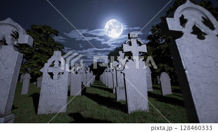 Gravestones standing silently in moonlit cemetery, creating haunting landscape with supernatural atmosphere of loss and remembrance under full moon's ethereal glow Gravestones standing silently in moonlit cemetery, creating haunting landscape with supernatural atmosphere of loss and remembrance under full moon's ethereal glow 128460333