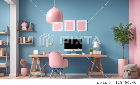 Architectural modern interior design of room with blue wall and pink chair 128460340