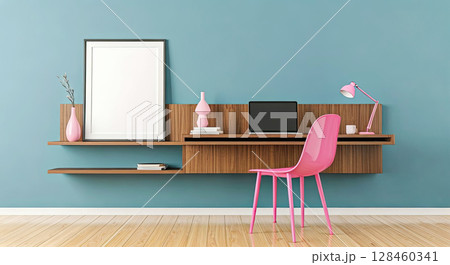 Architectural modern interior design of room with blue wall and pink chair, mock up Architectural modern interior design of room with blue wall and pink chair, mock up 128460341