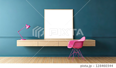 Architectural modern interior design of room with blue wall and pink chair, mock up Architectural modern interior design of room with blue wall and pink chair, mock up 128460344
