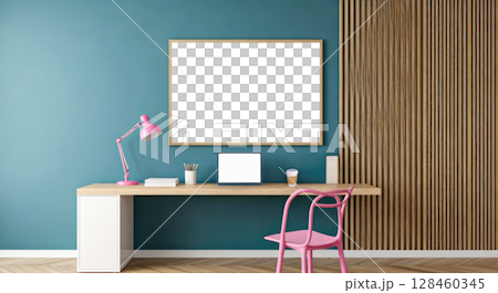 Architectural modern interior design of room with blue wall and pink chair, mock up Architectural modern interior design of room with blue wall and pink chair, mock up 128460345