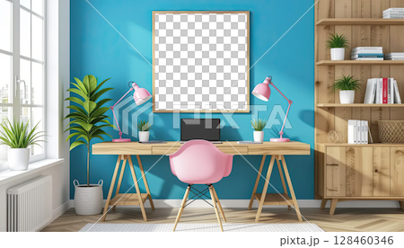 Architectural modern interior design of room with blue wall and pink chair, mock up 128460346