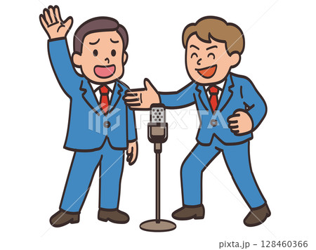 漫才をしているボケとツッコミのお笑いコンビのイラスト素材 128460366