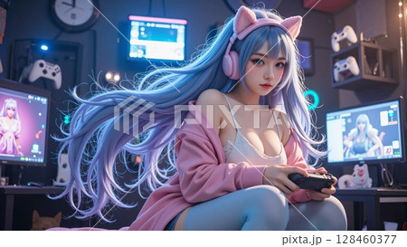 ゲーム実況をするインフルエンサー女子 128460377