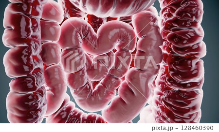 Realistic 3d animation of healthy human intestines rotating slowly against a neutral gray background, offering various perspectives of this vital organ Realistic 3d animation of healthy human intestines rotating slowly against a neutral gray background, offering various perspectives of this vital organ 128460390