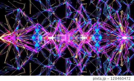 Dynamic geometric shapes pulsating with neon energy, weaving intricate patterns across luminescent digital landscape against deep black background 128460472