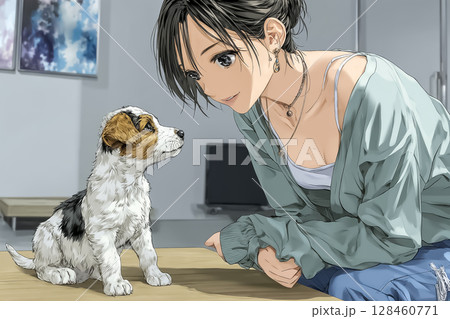 わんこカフェ 犬と触れ合う笑顔の女性のイラスト素材 仔犬のイラスト