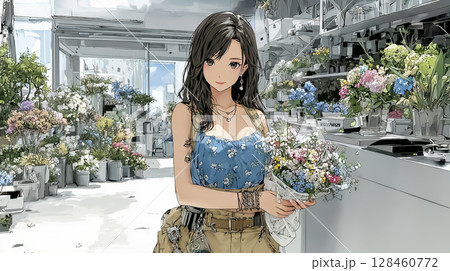花屋でブーケを作る女性店員のイラスト素材 128460772