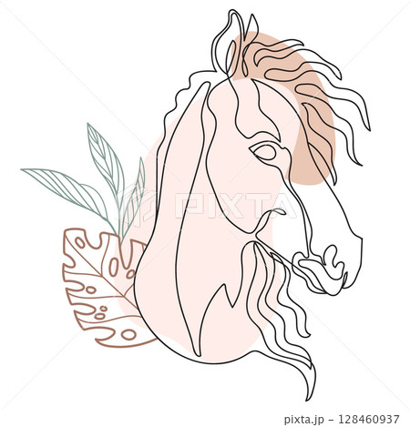 Continuous Line Horse Drawing with Botanical Elements Vector 128460937