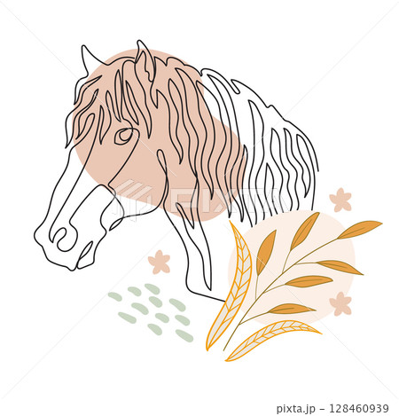One Line Horse Drawing with Botanical Elements Vector illustration One Line Horse Drawing with Botanical Elements Vector illustration 128460939