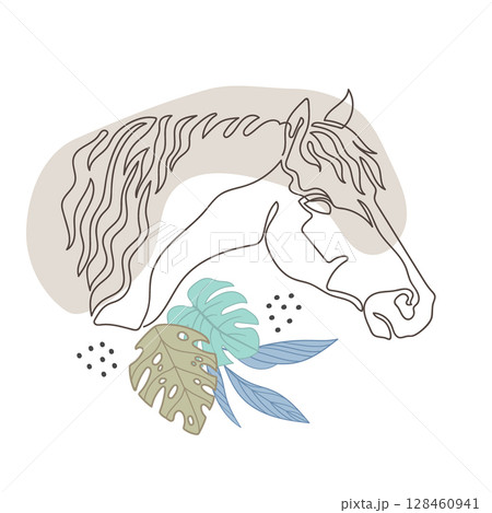 One Line Drawing Horse with Botanical Elements Boho Vector art One Line Drawing Horse with Botanical Elements Boho Vector art 128460941