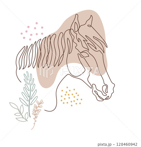 Head of Horse with Botanical Elements in Continuous Line Style Vector Head of Horse with Botanical Elements in Continuous Line Style Vector 128460942