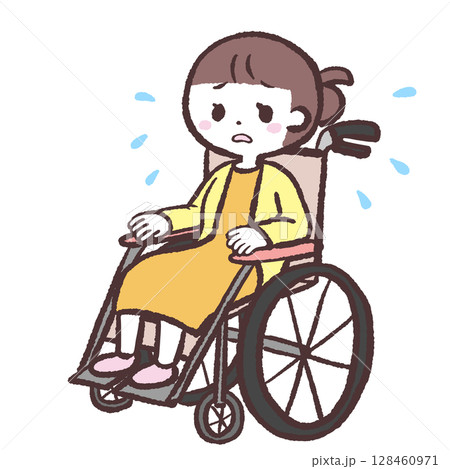 困っている車イスの女性のイラスト 困っている車イスの女性のイラスト 128460971