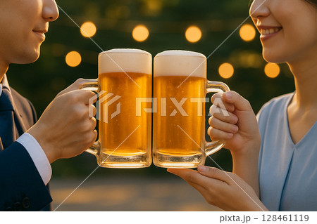 夏のビアガーデンで仲間と乾杯を楽しむ男女グループ 夏のビアガーデンで仲間と乾杯を楽しむ男女グループ 128461119