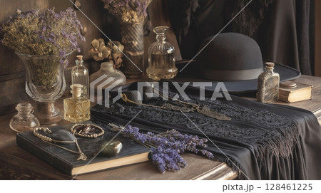 Halloween concept. Witchcraft background with witch hat, witch dress, spell book, magic potions, dried lavender flowers and old books on black background 128461225