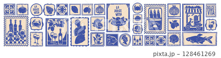 Italian summer poster set, vector hand drawn Mediterranean travel sticker Amalfi coast print stamp.  128461269
