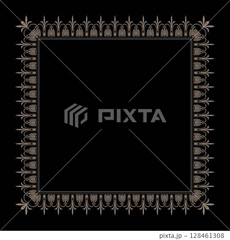 Oriental gold vector frame with arabesques and floral elements. Traditional ornament. Vintage border frame in Victorian style. Ornate element for design. Black background 128461308