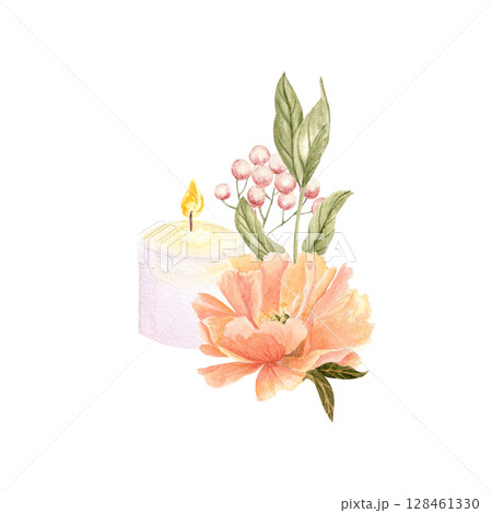 Peach peonies, green leaves, blush berries, a lit candle watercolor floral composition isolated on white background. Perfect for romantic designs, invitations, branding, packaging, or greeting cards Peach peonies, green leaves, blush berries, a lit candle watercolor floral composition isolated on white background. Perfect for romantic designs, invitations, branding, packaging, or greeting cards 128461330