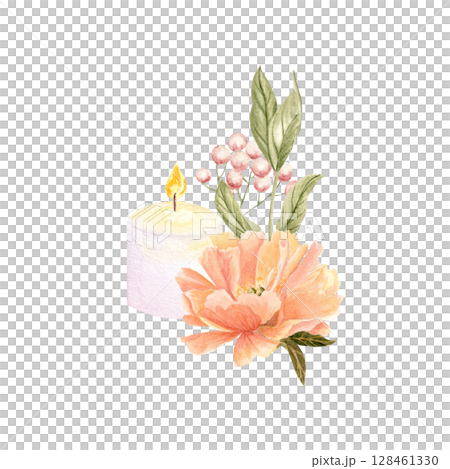 Peach peonies, green leaves, blush berries, a lit candle watercolor floral composition isolated on white background. Perfect for romantic designs, invitations, branding, packaging, or greeting cards Peach peonies, green leaves, blush berries, a lit candle watercolor floral composition isolated on white background. Perfect for romantic designs, invitations, branding, packaging, or greeting cards 128461330