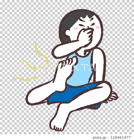 Illustration of a man holding his nose because of foot odor 128461477