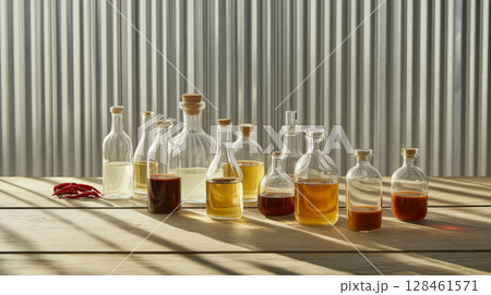 Variety glass bottles filled with homemade vinegar and oil on wooden table background Variety glass bottles filled with homemade vinegar and oil on wooden table background 128461571