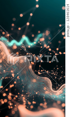 Abstract swirling light background with reflective bubbles and glowing streaks 128461614