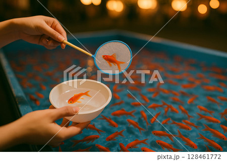 夏祭りの縁日で金魚すくいを楽しむ様子 128461772
