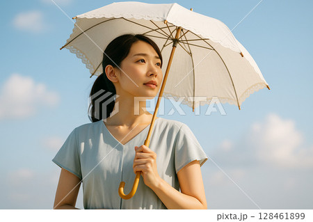 日傘をさして夏の陽射しを避ける女性 日傘をさして夏の陽射しを避ける女性 128461899