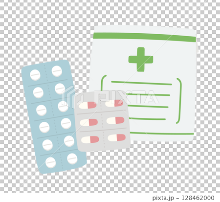 Hand-drawn cute pill and bag illustration 128462000