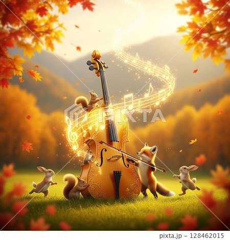 秋の森の音楽会へようこそ！チェロ - リスとウサギのハーモニー 128462015