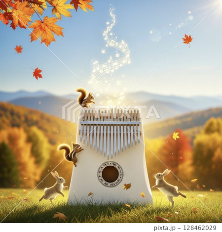 秋の森の音楽会へようこそ！カリンバ - リスとウサギのハーモニー 128462029