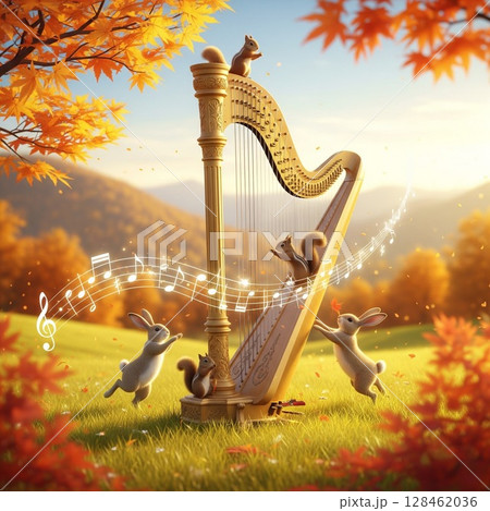 秋の森の音楽会へようこそ! ハープ- リスとウサギのハーモニー 秋の森の音楽会へようこそ! ハープ- リスとウサギのハーモニー 128462036