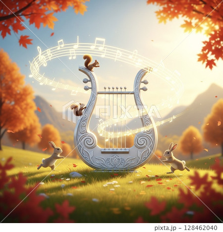 秋の森の音楽会へようこそ! ライアー- リスとウサギのハーモニー 秋の森の音楽会へようこそ! ライアー- リスとウサギのハーモニー 128462040
