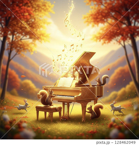 秋の森の音楽会へようこそ！ ピアノ- リスとウサギのハーモニー 128462049