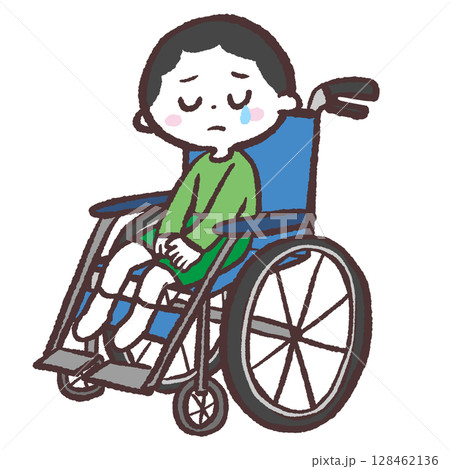 悲しい顔の車イスの男の子のイラスト 悲しい顔の車イスの男の子のイラスト 128462136