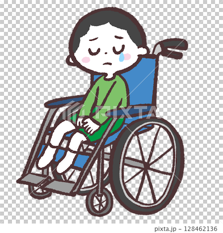 悲しい顔の車イスの男の子のイラスト 悲しい顔の車イスの男の子のイラスト 128462136