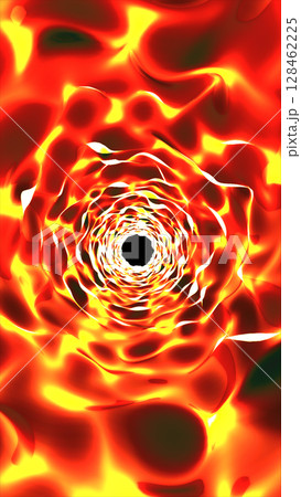 Abstract glowing tunnel of swirling fire-like patterns, intense red and yellow hues radiating energy and motion into a black void Abstract glowing tunnel of swirling fire-like patterns, intense red and yellow hues radiating energy and motion into a black void 128462225