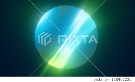 Bright abstract sphere levitating with soft glow in a dark and minimal environment 128462226