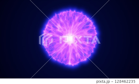 Electric sphere with glowing purple filaments radiating outward from a bright center on a dark background 128462235